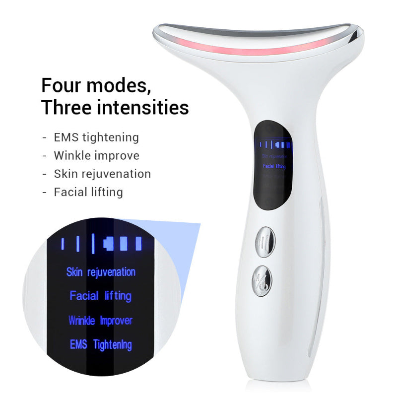 Multi Function Neck and Face Beauty Device Pink 4 in 1 LED Light Therapy EMS Lifting Anti Wrinkle Massager