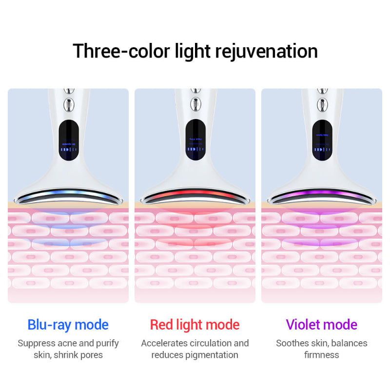 Multi Function Neck and Face Beauty Device Pink 4 in 1 LED Light Therapy EMS Lifting Anti Wrinkle Massager