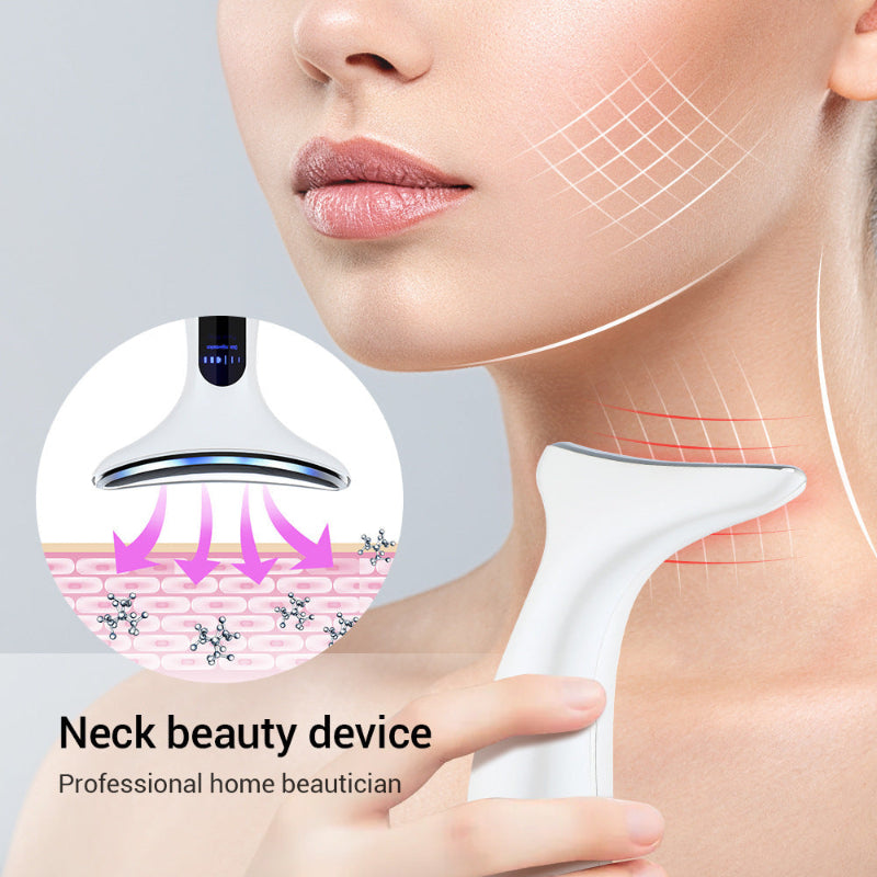 Multi Function Neck and Face Beauty Device Pink 4 in 1 LED Light Therapy EMS Lifting Anti Wrinkle Massager