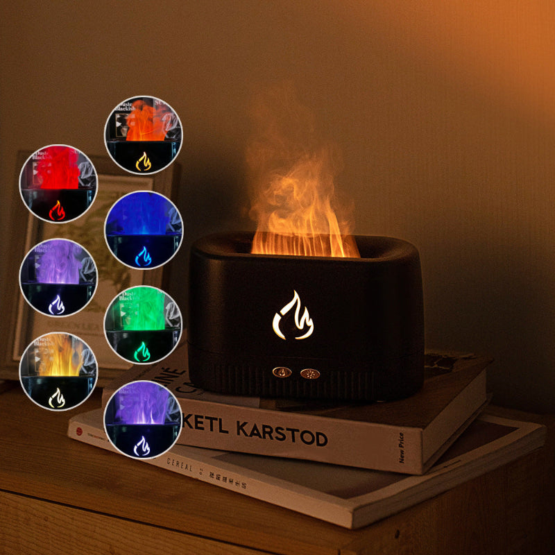 Black 3D Flame Aroma Diffuser 200ml Ultrasonic Humidifier with 7‑Color LED Light USB