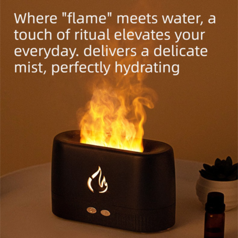 Black 3D Flame Aroma Diffuser 200ml Ultrasonic Humidifier with 7‑Color LED Light USB