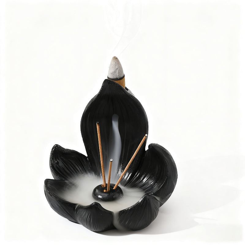 Black Zen Lotus Backflow Incense Burner 10cm Resin Smoke Waterfall Aroma Diffuser