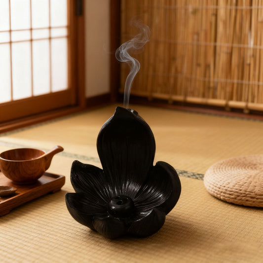 Black Zen Lotus Backflow Incense Burner 10cm Resin Smoke Waterfall Aroma Diffuser