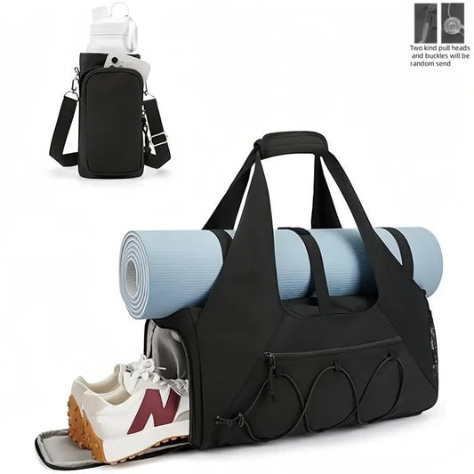Black High‑Capacity Yoga Gym Duffel Set with Shoe Compartment, Bottle & Phone Pouch, Yoga Mat Strap