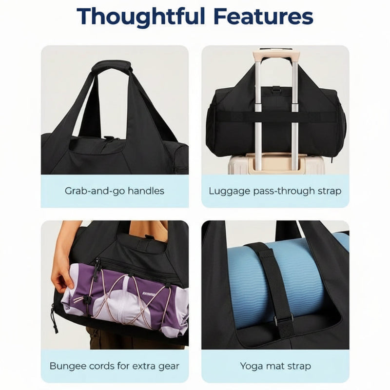 Black High‑Capacity Yoga Gym Duffel Set with Shoe Compartment, Bottle & Phone Pouch, Yoga Mat Strap