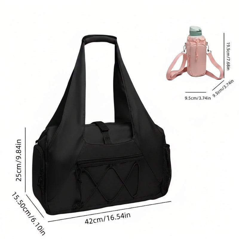 Black High‑Capacity Yoga Gym Duffel Set with Shoe Compartment, Bottle & Phone Pouch, Yoga Mat Strap