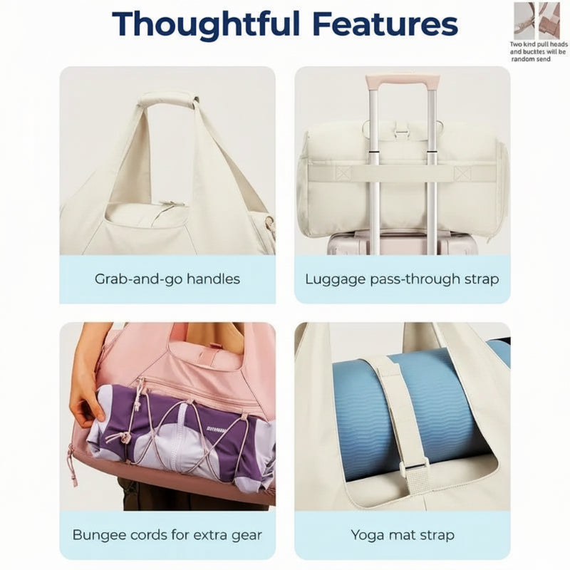White High-Capacity Yoga Gym Duffel Set with Bonus Bottle Phone Pouch, Separate Shoe Compartment & Yoga Mat Strap