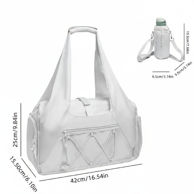 White High-Capacity Yoga Gym Duffel Set with Bonus Bottle Phone Pouch, Separate Shoe Compartment & Yoga Mat Strap