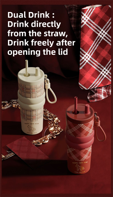 Black British Equestrian Plaid 710ML Insulated Travel Mug with Dual-Drink Lid, Straw & Straw Cap - Ceramic Liner Car Coffee Tumbler with Tea Water Separator Ball and Matching Protective Sleeve (Delux Gift Box)