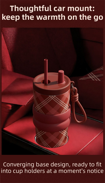 Red British Equestrian Plaid 710ML Insulated Travel Mug with Dual-Drink Lid, Straw & Straw Cap - 316 Stainless Steel Car Coffee Tumbler with Tea Water Separator Ball and Matching Protective Sleeve (Delux Gift Box)